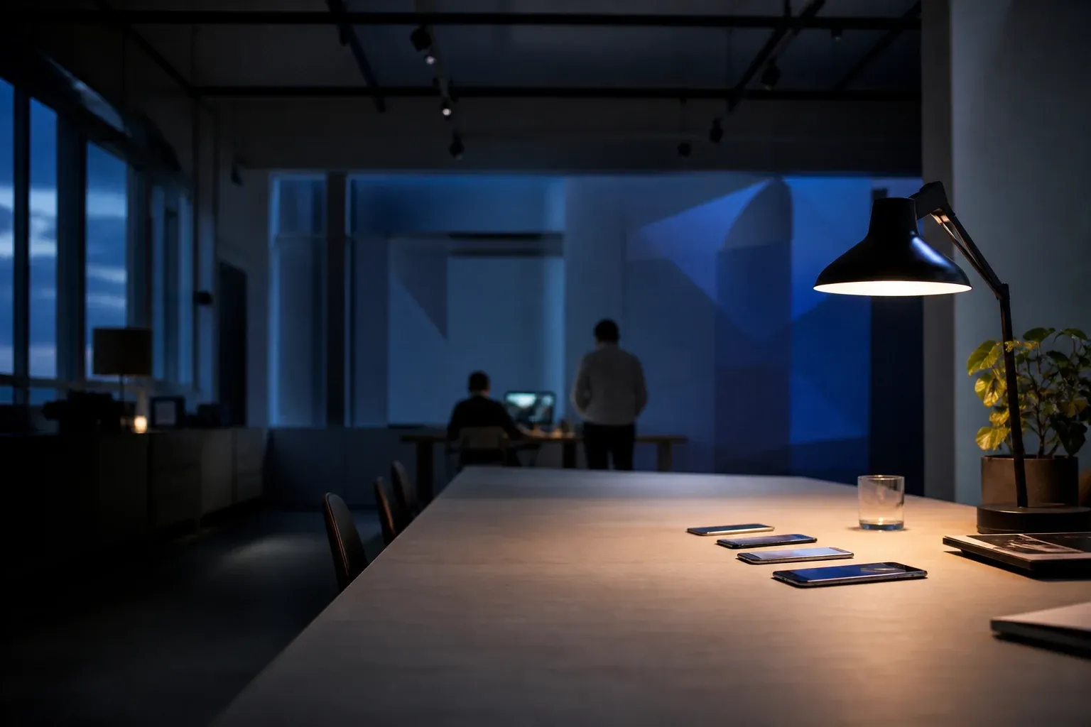 Editorial evening studio with a quiet device-testing table and distant blurred figures