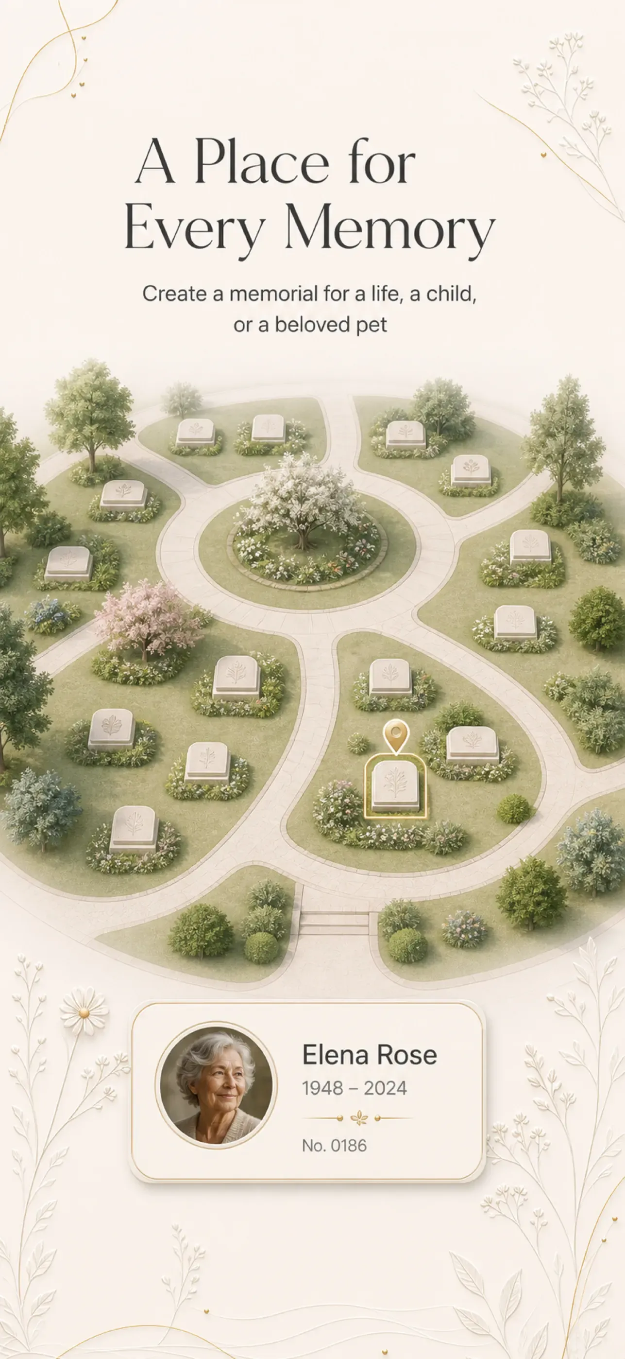 Everfield mobile experience showing a memorial garden created for remembrance