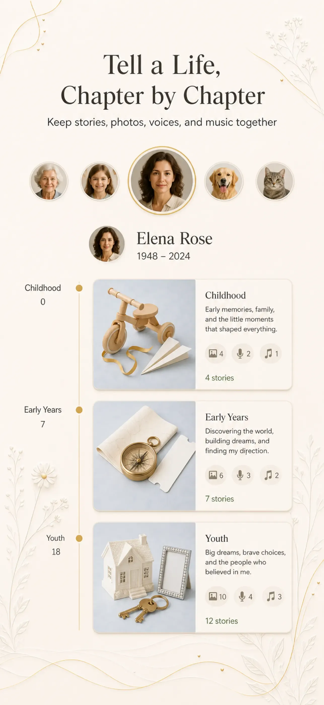 Everfield mobile experience showing a life recorded through chapters, stories, photos, voice, and music